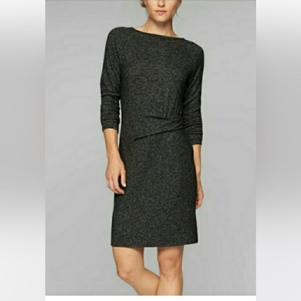 Athleta Solitude Dress, Black/ Gray Long Sleeve Ruched Waist 362808 size M